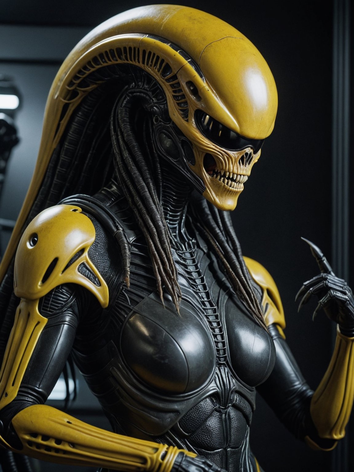 + stout Panamanian Female Xenomorph, the Xenomorph is Sprawling, the Xenomorph is Podcasting, wearing deep yellow, One Hand in Pocket, her hair is Voluminous, picture frame, emotional, harmonious, vignette, 4k detailed epic, filmed with kodak, photo 35 mm, sharp focus, high budget, cinemascope, temperamental, epic, wonderful, grain of film, granoso