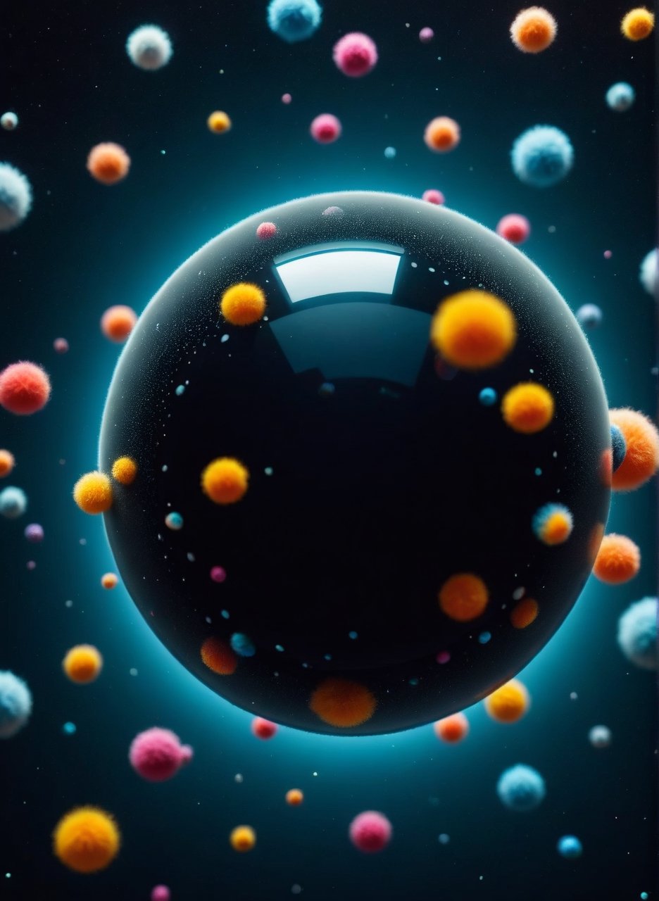 Fish eye lens, close up angle of ((black floating on air)), (dist) , detailed focus, deep bokeh, beautiful, dreamy colors, dark cosmic background, Visually delightful,ral-flufblz