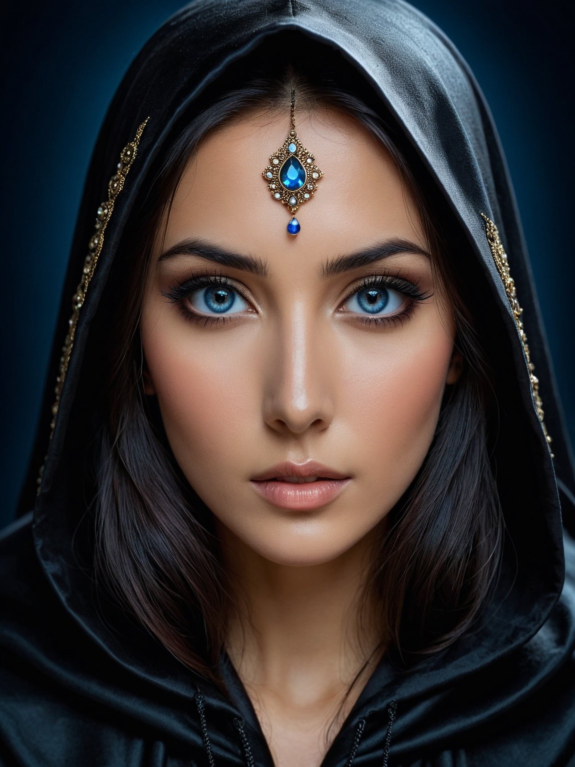 photo portrait of despina hatun beautiful and sexy central asian princess. Dark night, Her dark hair are hidden by a black headdress and hooded cloak, striking blue eyes and bold facial marking looking at the camera, appropriation artist, shiny/glossy, clear edge definition, unique and one-of-a-kind pieces, light brown and light amber, Fujifilm X-T4, Sony FE 85mm