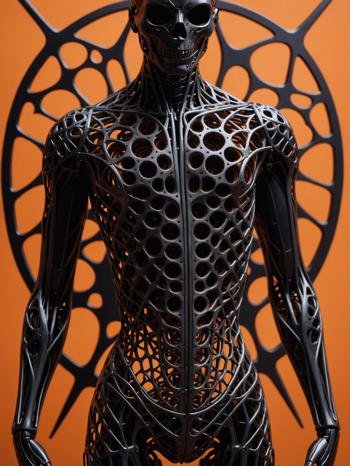 masterpiece, intricate details, dark metal black skeleton cyborg, exquisite delicate metal body structure, intricate detailed filigree delicate inner structure, (voids in body:1.3), (voids in body:1.3), (gaps in body:1.5), (holes in body:1.5), (hollows in body:1.5), close-up shot of torso, see through body, orange background,ral-pnrse