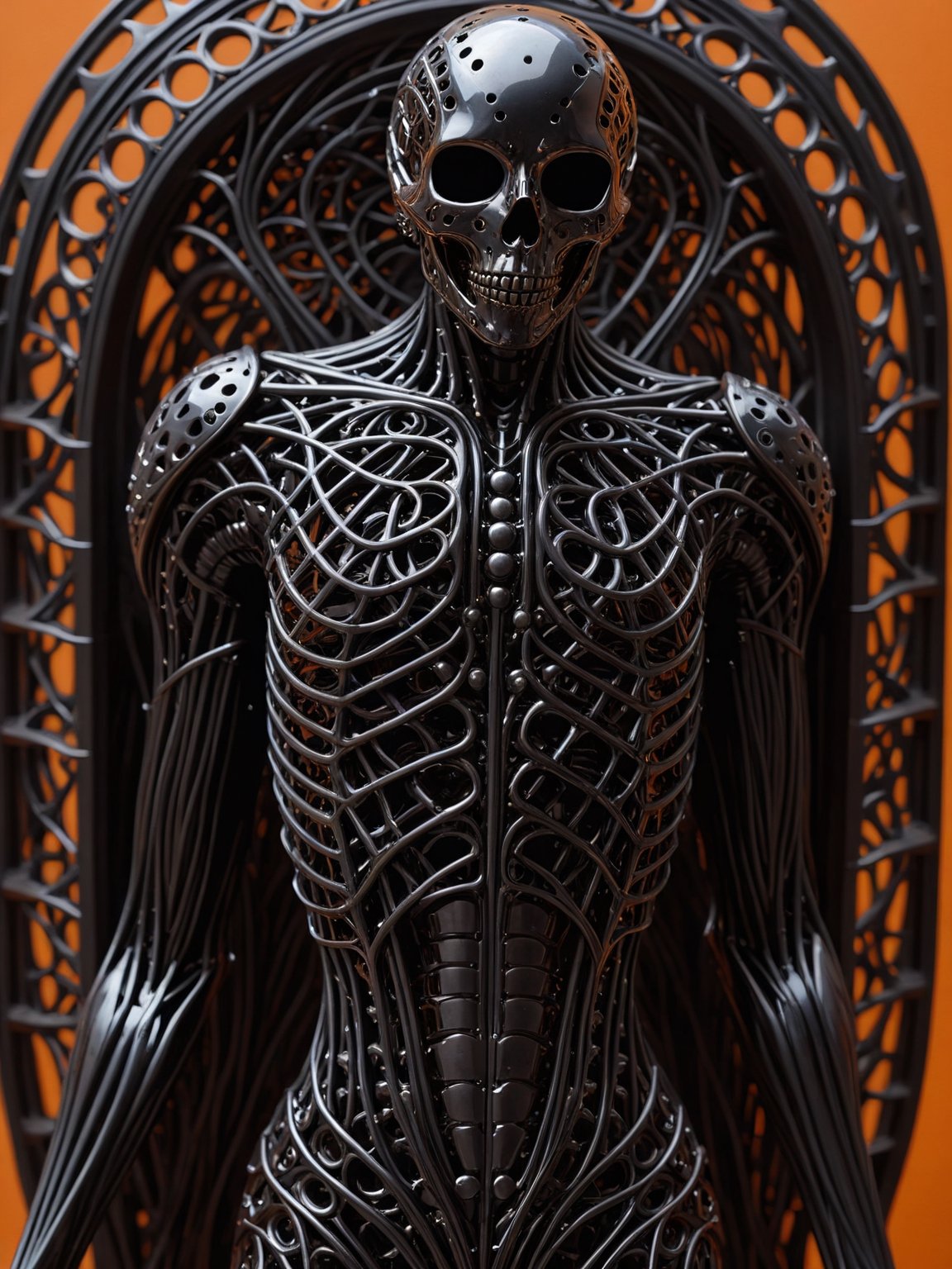 masterpiece, intricate details, dark metal black skeleton cyborg, exquisite delicate metal body structure, intricate detailed filigree delicate inner structure, (voids in body:1.5), (voids in body:1.5), (gaps in body:1.5), (holes in body:1.5), (hollows in body:1.5), close-up shot of torso, see through body, orange background,ral-pnrse,Movie Still,g1h3r