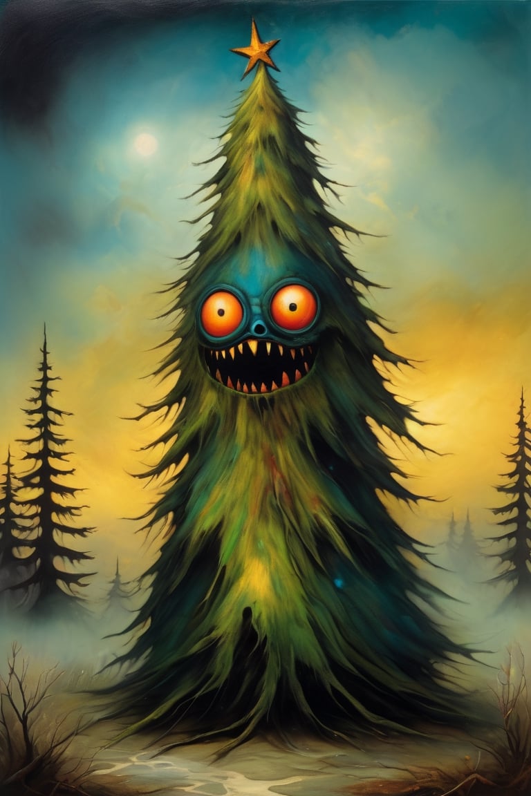 Christmas Tree monster, in the style of esao andrews,bangerooo
