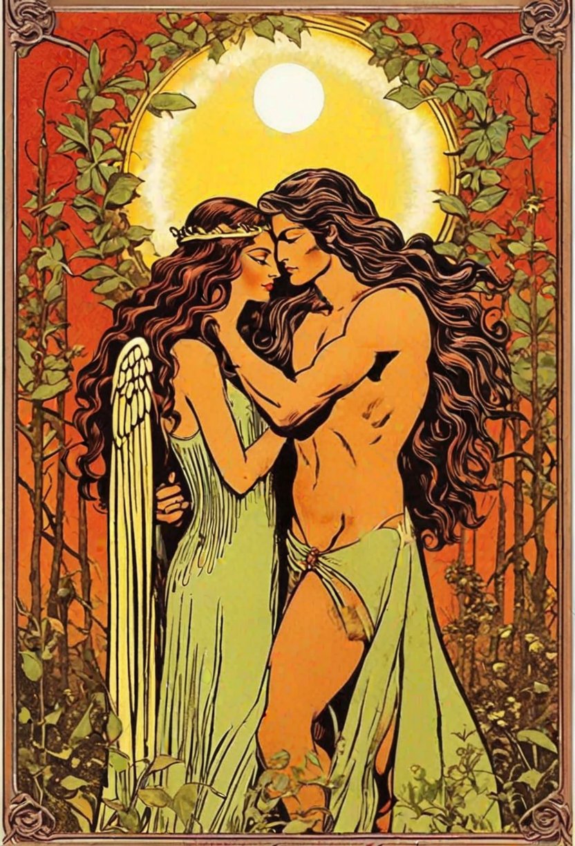 Adam and Eve, rider-waite tarot card the lovers tarot card. 



In its purest form, The Lovers card represents conscious connections and meaningful relationships. The arrival of this card in a Tarot reading shows that you have a beautiful, soul-honoring connection with a loved one. You may believe you have found your soul mate or life partner, and the sexual energy between you both goes way beyond instant gratification and lust to something that is very spiritual and almost Tantric. While The Lovers card typically refers to a romantic tie, it can also represent a close friendship or family relationship where love, respect and compassion flow.

The Lovers is a card of open communication and raw honesty. Given that the man and woman are naked, they are both willing to be in their most vulnerable states and have learned to open their hearts to one another and share their truest feelings. They shape the container from which trust and confidence can emerge, and this makes for a powerful bond between the two. In a reading, this card is a sign that by communicating openly and honestly with those you care about, you will create a harmonious and fulfilling relationship built on trust and respect.

On a more personal level, The Lovers card represents getting clear about your values and beliefs. You are figuring out what you stand for and your philosophy. Having gone through the indoctrination of The Hierophant, you are now ready to establish your belief system and decide what is and what is not essential to you. It’s time to go into the big wide world and make choices for yourself, staying true to who you are and being authentic and genuine in all your endeavors.

At its heart, The Lovers is about choice. The choice about who you want to be in this lifetime, how you connect with others and on what level, and about what you will and won’t stand for. To make good choices, you need to be clear about your personal beliefs and values – and stay true to them. Not all decisions will be easy either. The Lovers card is often a sign that you are facing a moral dilemma and must consider all consequences before acting. Your values system is being challenged, and you are being called to take the higher path, even if it is difficult. Do not carry out a decision based on fear or worry or guilt or shame. Now, more than ever, you must choose love – love for yourself, love for others and love for the Universe. Choose the best version of yourself.

Finally, The Lovers card encourages you to unify dual forces. You can bring together two parts that are seemingly in opposition to one another and create something that is ‘whole’, unified and harmonious. In every choice, there is an equal amount of advantage and disadvantage, opportunity and challenge, positive and negative. When you accept these dualities, you build the unity from which love flow