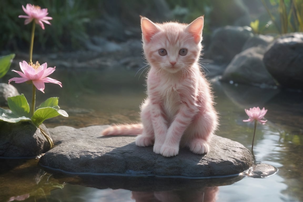 a kitten sitting on a rock in the water, fantasy art, beautiful pink little alien kitten, soft light misty yoshitaka amano, reflecting flower, her hands are red roots, magali villeneuve and monet, detailed art in color, sitting at a pond, timid,1 girl, masterpiece,best quality 