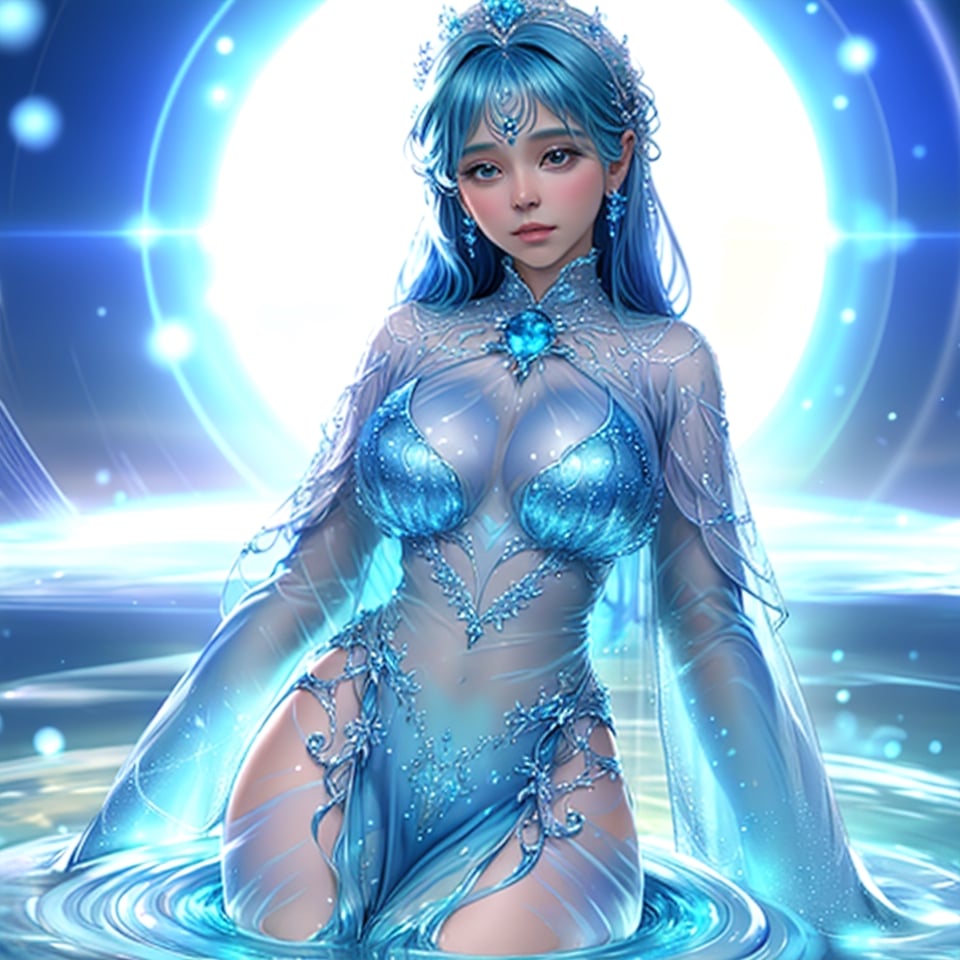 This is a digitally rendered, hyper-realistic fantasy artwork. The artist is unknown. The composition centers on a woman adorned in a form-fitting, blue, semi-transparent outfit that appears to be made of liquid. The background is bright and blurry, making the luminous details of her attire and the frame stand out. The woman poses gracefully with an ethereal, serene expression, and subtle blue light enhances the mystical ambiance. The smooth transition of colors and delicate textures adds to the fantastical atmosphere of the piece.