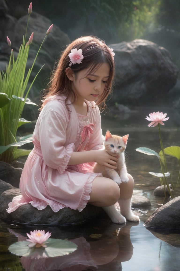 a kitten sitting on a rock in the water, fantasy art, beautiful pink little alien kitten, soft light misty yoshitaka amano, reflecting flower, her hands are red roots, magali villeneuve and monet, detailed art in color, sitting at a pond, timid,1 girl, masterpiece,best quality 