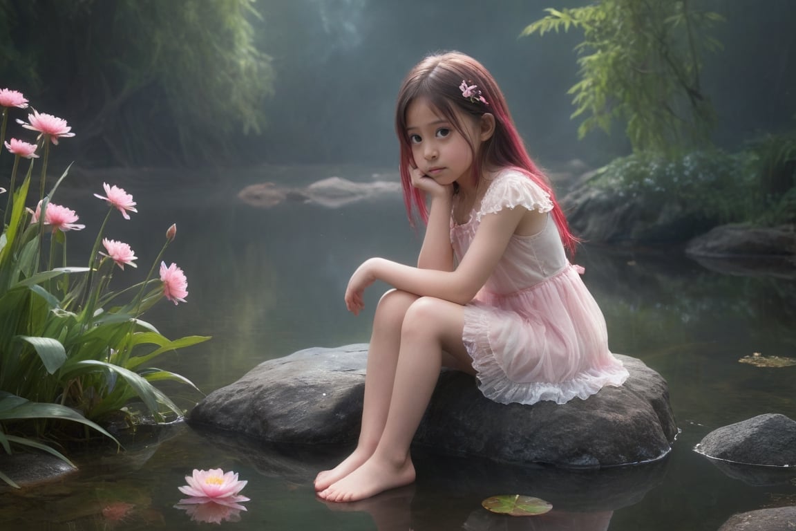 a girl sitting on a rock in the water, fantasy art, beautiful pink little alien girl, soft light misty yoshitaka amano, very sad emotion, reflecting flower, her hands are red roots, magali villeneuve and monet, detailed art in color, little girl, sitting at a pond, timid,1 girl, masterpiece,best quality 