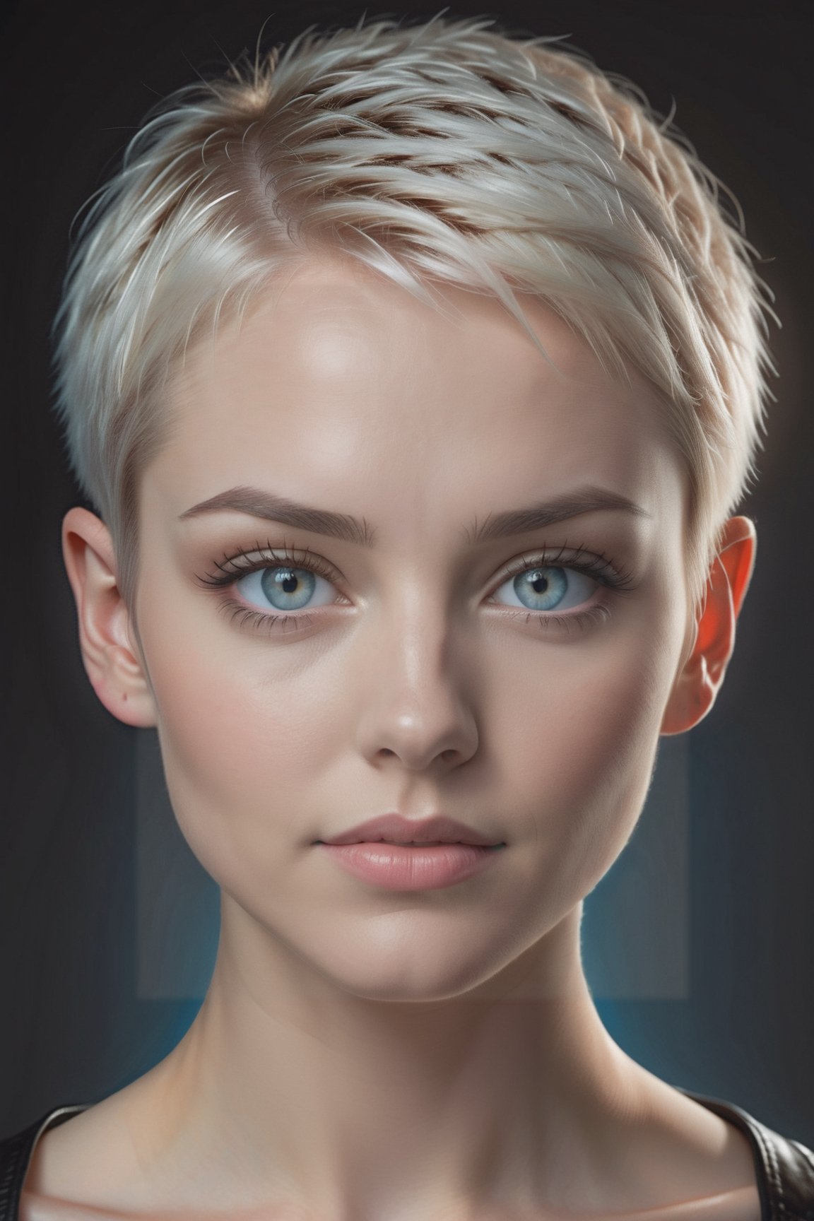 upper body portrait, (((masterpiece))),(((best quality, realistic)))
((ultra-detailed)),(detailed light)
((an extremely delicate and beautiful))
(blue eyes), 22yo dramatic lighting 1 girl
short pale hair, short pixie style
open forehead
full body black leather