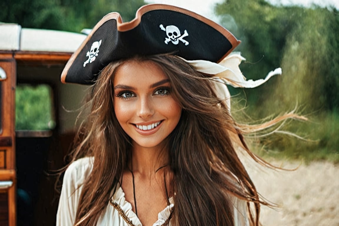 She is a beautiful girl with long flowing hair, captivating eyes, and a radiant smile that lights up the room. Her graceful movements and elegant demeanor exude charm and sophistication. People are drawn to her magnetic presence and effortless beauty.,pirate,campervan