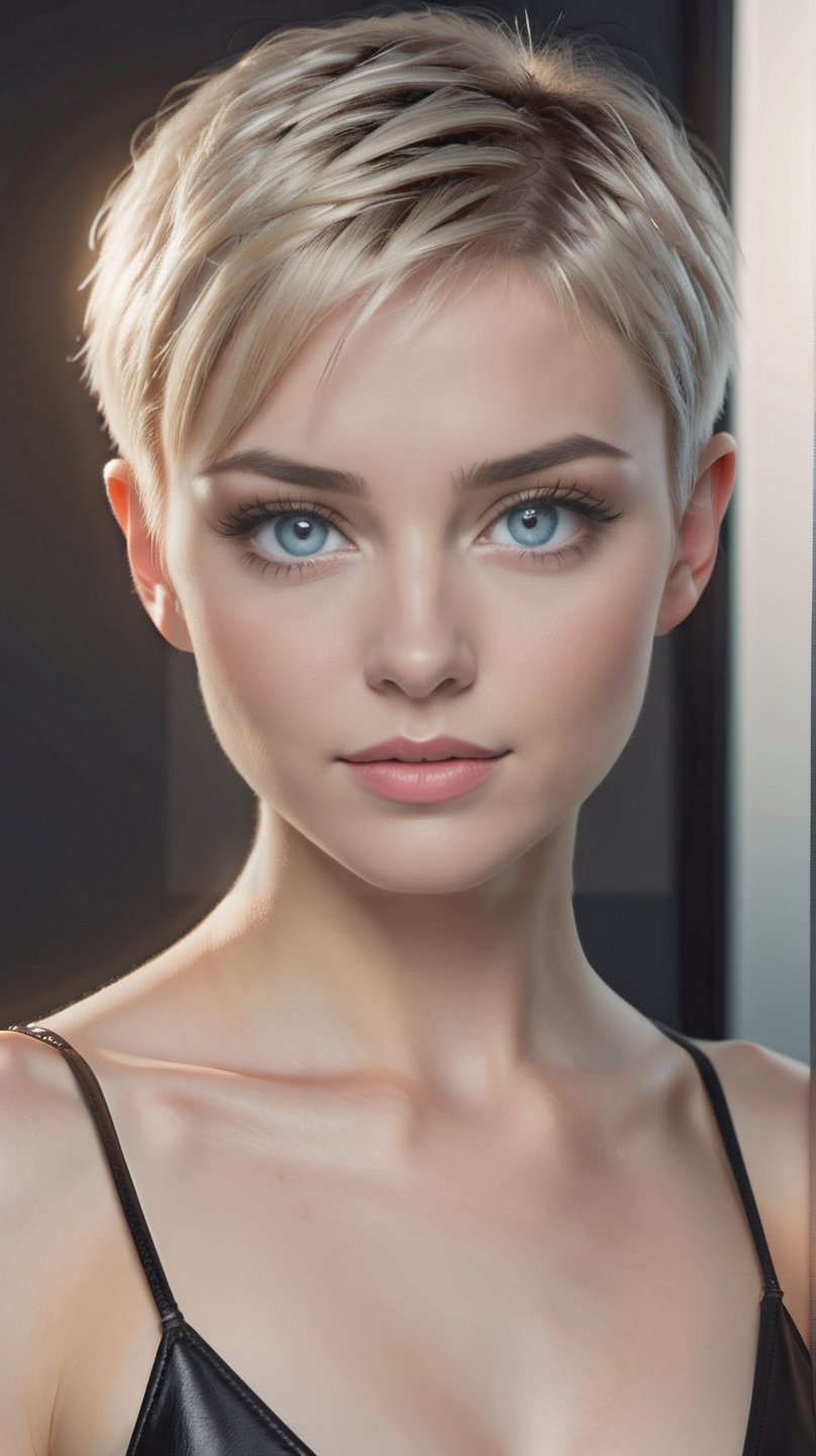 upper body portrait, (((masterpiece))),(((best quality, realistic)))
((ultra-detailed)),(detailed light)
((an extremely delicate and beautiful))
(blue eyes), 22yo dramatic lighting 1 girl
short pale hair, short pixie style
open forehead
full body black leather
Pure Beaty,Enhanced,perfecteyes