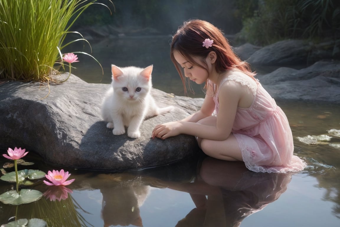 a kitten sitting on a rock in the water, fantasy art, beautiful pink little alien kitten, soft light misty yoshitaka amano, reflecting flower, her hands are red roots, magali villeneuve and monet, detailed art in color, sitting at a pond, timid,1 girl, masterpiece,best quality 