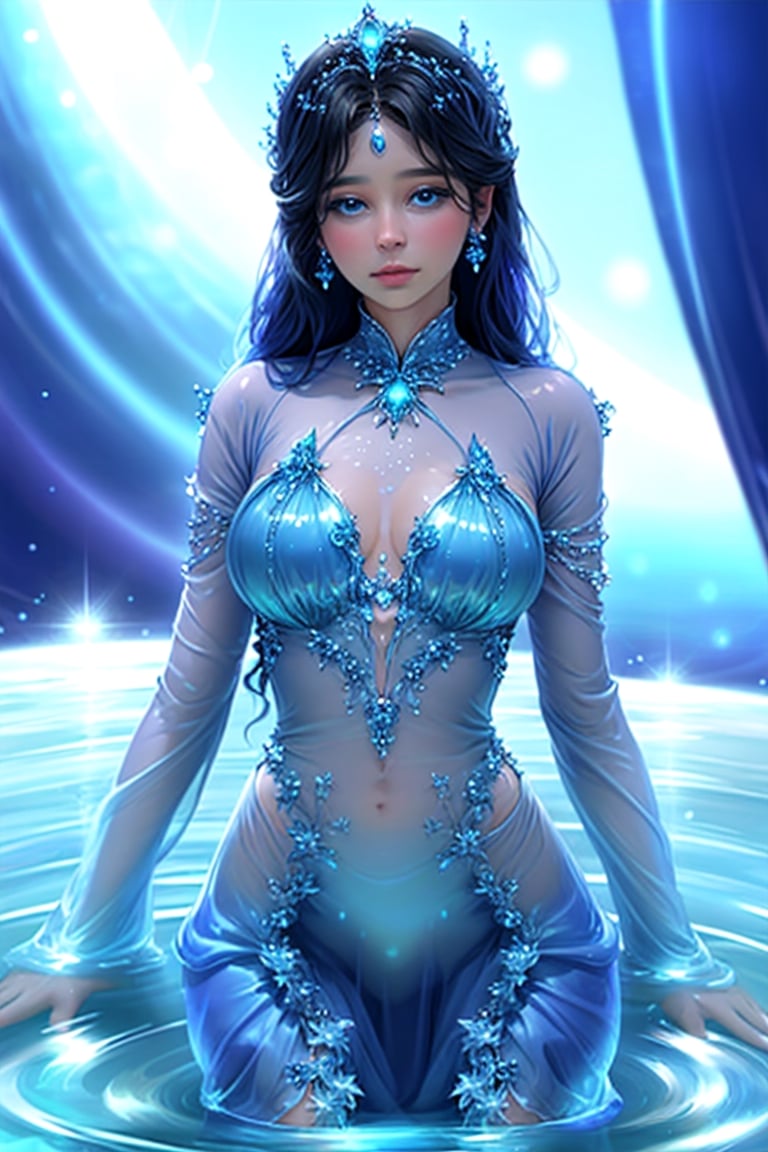 This is a digitally rendered, hyper-realistic fantasy artwork. The artist is unknown. The composition centers on a woman adorned in a form-fitting, blue, semi-transparent outfit that appears to be made of liquid. The background is bright and blurry, making the luminous details of her attire and the frame stand out. The woman poses gracefully with an ethereal, serene expression, and subtle blue light enhances the mystical ambiance. The smooth transition of colors and delicate textures adds to the fantastical atmosphere of the piece.