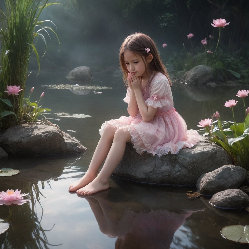 a girl sitting on a rock in the water, fantasy art, beautiful pink little alien girl, soft light misty yoshitaka amano, very sad emotion, reflecting flower, her hands are red roots, magali villeneuve and monet, detailed art in color, little girl, sitting at a pond, timid,1 girl, masterpiece,best quality 