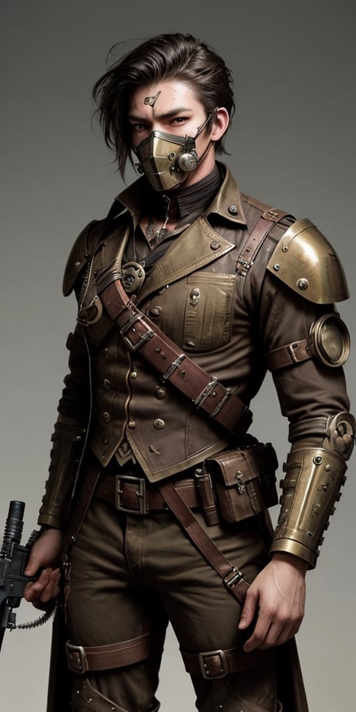 steampunk soldier, oxigen mask,handsome,strong,holding a lot of weapons,  Scar 