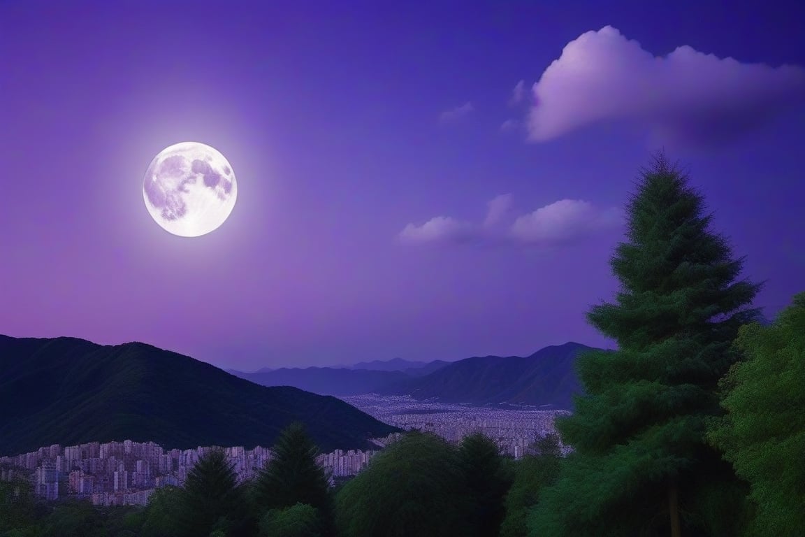 aesthetic, architecture, cloud, cloudy sky, full moon, moon, mountain, night, no humans, outdoors, purple sky, scenery, sky, tree