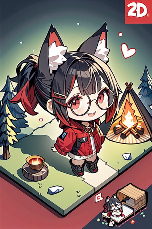 masterpiece, 4K, (isometric: 1.5), (miniature: 1.5), camping, tent, camping set, bonfire, forest, flowers, (deformed, chibi, 2D: 1.5), 1 girl, (solo: 1.5), cute girl with hairpin, loli, (black fox ears: 1.3), animal ear fluff, hairstyle, (black hair: 1.2), (red hair 1.2), (inner hair coloring: 1.3), (short ponytail: 1.2), side locks, (red eyes: 1.3), (round glasses: 1.3), (flat chest), fashion, hood, cat collar, smiling, happy, open mouth, smiling, clear eyes, wide open eyes, heart, break, camping outfit, boots, break, break, dynamic angle, fantasy world, (concept art: 1.2), deformed,Tekeli,Details,Deformed