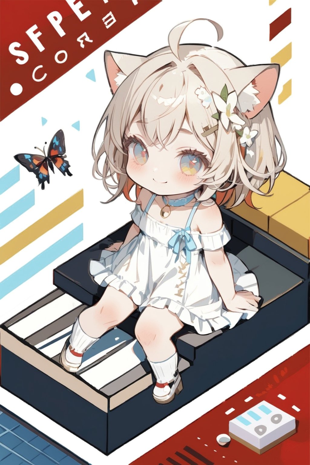 Masterpiece,Score 9,Score 8 Up,Score 7 Up,Score 6 Up,\\,((Isometric Design: 1.7))),\\,((Deformed, Chibi, Two-Headed: 1.5)),\\,Smiling,Short Hair,Fringe,Blue Eyes,Clear Eyes,Multiple Multiple Girls,Blonde Hair,Hair Ornament,Knee Socks,Dress,Hugging,Two Girls,Sitting,Mouth Closed,Yellow Eyes,Flower,White Hair,Sleeves Off,Flower in Hair,Chibi,White Dress,Cat,White Footwear,Insect,Butterfly,Musical Instrument,Short Hair with Long Hair,Stairs,