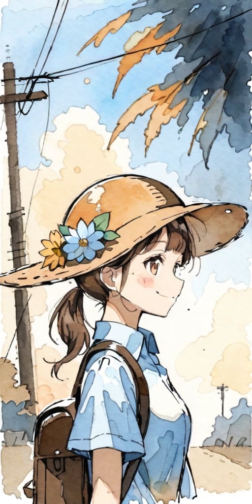 masterpiece, ((watercolor style: 1.5)), ((watson paper: 1.5)), 1 girl, solo, long hair, blushing, smiling, brown hair, shirt, hat, brown eyes, mouth closed, white shirt, upper body, ponytail, flowers, short sleeves, outdoors, sky, daytime, collared shirt, clouds, bag, from the side, blue sky, plaid, profile, sunlight, backpack, blue shirt, plants, wing collar, sun hat, straw hat, flower on hat, shade, dappled sunlight, electric wire, telephone pole,watercolor \(medium\)