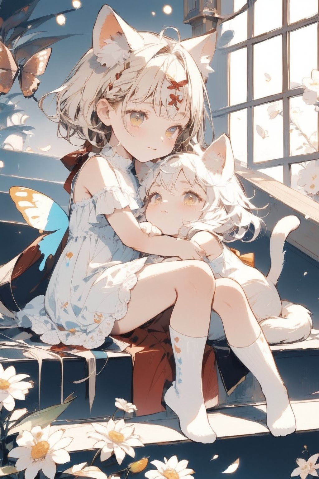 A whimsical masterpiece! A pair of chibi girls, one blonde and the other white-haired, sit on a staircase surrounded by flowers. They're dressed in matching white dresses with sleeveless tops, showcasing their knee-high socks. The blonde girl sports a fringe and blue eyes, while her counterpart has yellow eyes. Their faces are serene, mouths closed in smiles. A cat and butterfly flutter nearby, as the girls hug each other, both adorned with hair ornaments. Insects and musical instruments create a subtle backdrop, blending harmoniously with the isometric design.