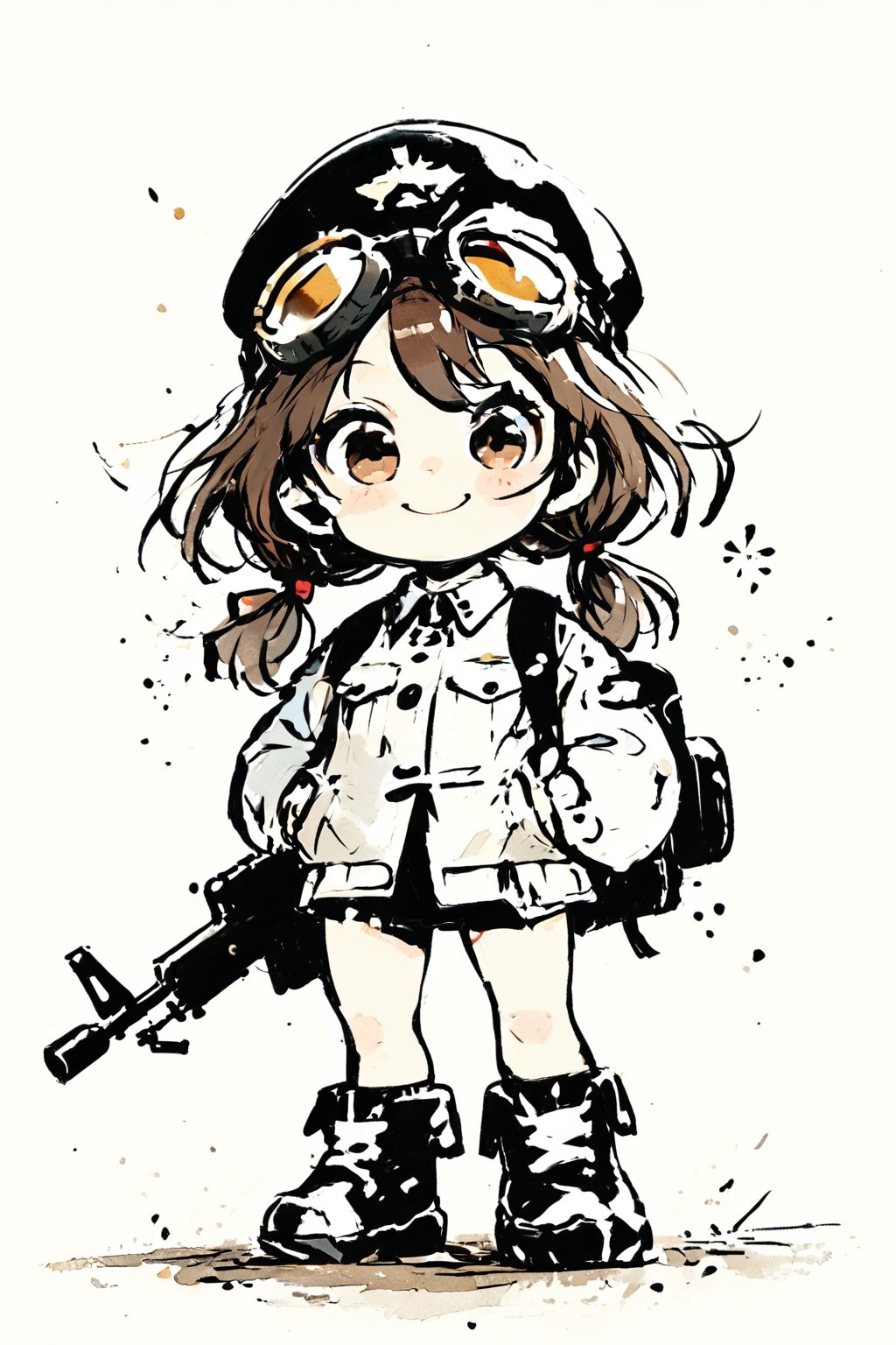 Masterpiece, Beautiful details, Perfect focus, Uniform 8K wallpaper, High resolution, Exquisite texture down to the smallest detail, Deformed, Simple background, Light gray background, 1 woman, Solo, Looking at viewer, Brown hair, Twin tails, Brown eyes, Smiling, Gloves, Long sleeves, Holding, Jacket, Weapon, Boots, Socks, Bag, Holding weapon, Gun, Military, Traditional media, Backpack, Helmet, Goggles, Ground vehicle, Holding gun, Automobile, Rifle, Cannon, Military vehicle, Tank, Heavy duty truck, ((Deformed tank:1.5)), Machine gun, Goggles on hat,Deformed,dal-6 style