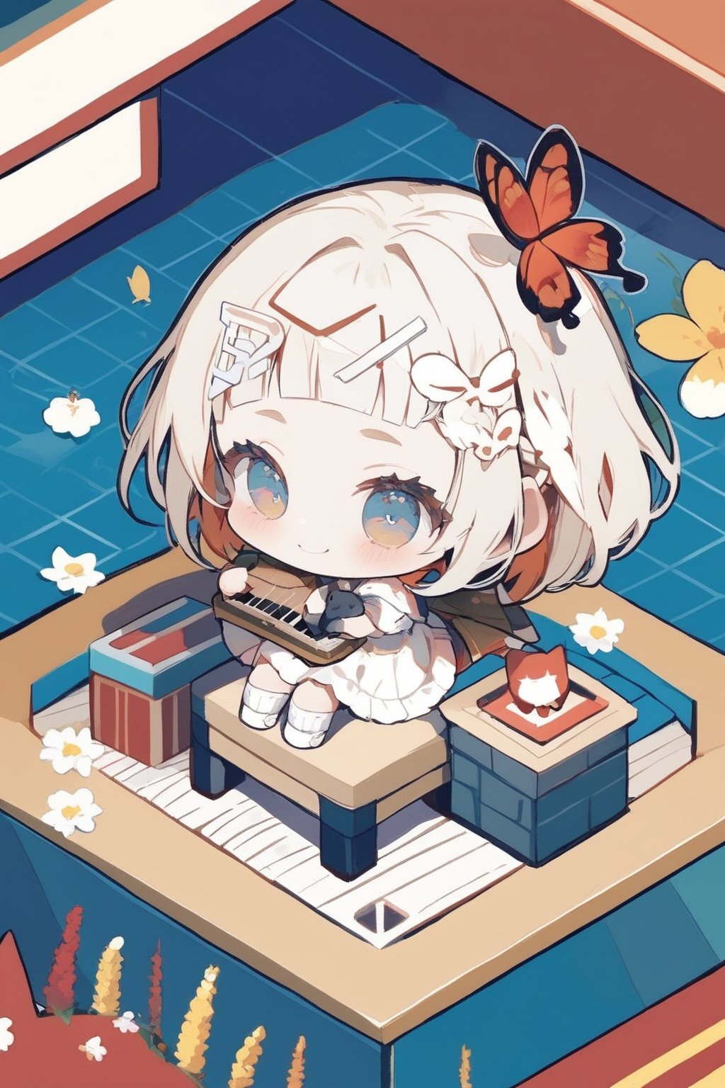 Masterpiece,Score 9,Score 8 Up,Score 7 Up,Score 6 Up,\\,((Isometric Design: 1.7))),\\,((Deformed, Chibi, Two-Headed: 1.5)),\\,Smiling,Short Hair,Fringe,Blue Eyes,Clear Eyes,Multiple Multiple Girls,Blonde Hair,Hair Ornament,Knee Socks,Dress,Hugging,Two Girls,Sitting,Mouth Closed,Yellow Eyes,Flower,White Hair,Sleeves Off,Flower in Hair,Chibi,White Dress,Cat,White Footwear,Insect,Butterfly,Musical Instrument,Short Hair with Long Hair,Stairs,Deformed