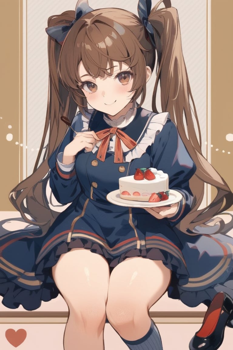 Masterpiece, beautiful details, perfect focus, uniform 8K wallpaper, high resolution, exquisite texture with fine details, one girl, solo, long hair, looking at viewer, blushing, smiling, bangs, simple background, brown hair, dress, frills, bow, holding, twin tails, brown eyes, sitting, heart, food, shoes, socks, striped, black footwear, fruit, brown background, candy, cake, chocolate
