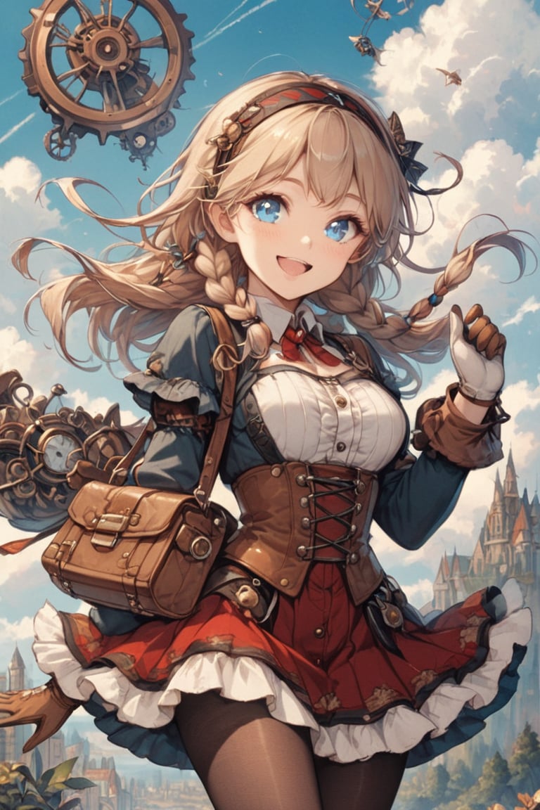 masterpiece,((movie poster:1.5)),\\,1 woman,solo,long hair,smiling,happy,mouth open,blue eyes,clear pupils,\\,cowboy shot,\\,blonde hair,gloves,braids,pantyhose,hairband,sky,clouds,bag,twin braids,gear,steampunk