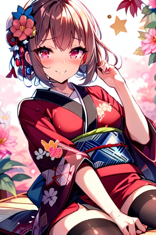 masterpiece,1girl, solo, looking at viewer, blush, short hair, bangs, hair ornament, thighhighs, long sleeves, sitting, pink hair, flower, japanese clothes, hair flower, pink eyes, kimono, star \(symbol\), obi, floral print, colorful