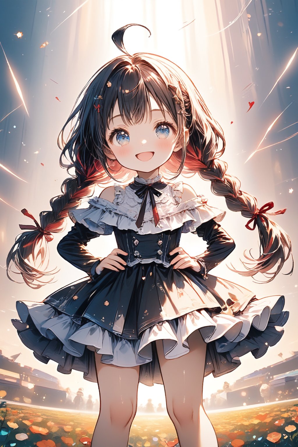 loli, girl, arabesque, concept art, cookie mascot, chocolate mascot, crowd of anime characters standing, background, flower field, half body shot, front view, dynamic angle, cowboy shot, rule of thirds, masterpiece, best quality, exquisite, cute, dreamcore, colored pencil drawing, soft surface, heart shape, soft edges, chibi, main artwork, motion blur, dramatic lighting, cinematic lighting, 1/1000 second shutter speed, in focus with blurry background, rich colors, happy, cheerful, joyful, smiling, laughing, cheerful smiling, hands on hips, making a heart with fingers, looking at viewer, ahoge, blunt bangs, low pigtails, braids, colorful hair, blue eyes, eyes wide open, shiny skin, chibi, skinny, off the shoulder top, frilly clothing, undressed, gothic lolita, ribbon, japanese idol, heartwarming scene,Deformed,glitter