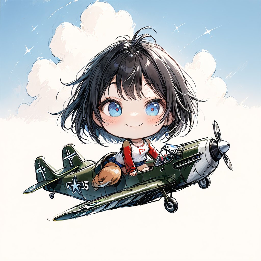 Masterpiece, Beautiful details, Perfect focus, Uniform 8K Wallpaper, High resolution, Exquisite texture down to the smallest detail, ((Deformed, Chibi, Two-headed: 1.5)) Simple background, One girl, Sitting, ((On a plane: 1.4)), Solo, Smiling, Short hair, Blue eyes, Gloves, Tail, Black hair, Twin tails, Outdoor, Sky, Daytime, Abdomen, Clouds, Fingerless gloves, 👍 Thumbs up, Smiling, Blue sky, Crop top, Military, Tank top, Goggles, ((Deformed single-engine propeller plane: 1.7)), Airplane, Military, (Parked), ((Silver P-51D Mustang: 1.5)), Score 9, Score 8_up, Score 7_up, Score 6_up,Deformed