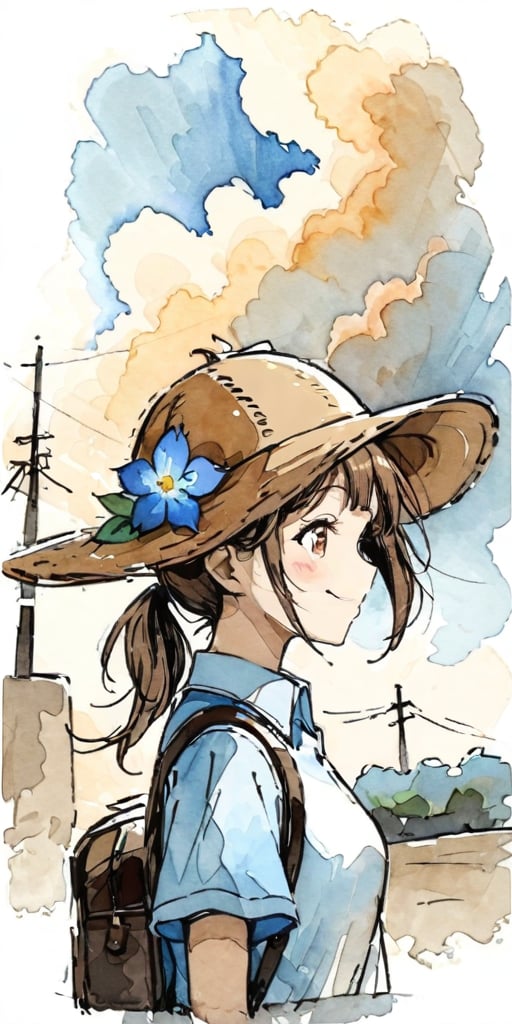 masterpiece, ((watercolor style: 1.5)), ((watson paper: 1.5)), 1 girl, solo, long hair, blushing, smiling, brown hair, shirt, hat, brown eyes, mouth closed, white shirt, upper body, ponytail, flowers, short sleeves, outdoors, sky, daytime, collared shirt, clouds, bag, from the side, blue sky, plaid, profile, sunlight, backpack, blue shirt, plants, wing collar, sun hat, straw hat, flower on hat, shade, dappled sunlight, electric wire, telephone pole,watercolor \(medium\)