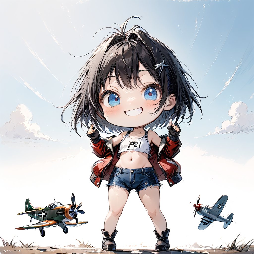 Masterpiece, beautiful details, perfect focus, uniform 8K wallpaper, high resolution, exquisite texture down to the smallest detail, ((deformed, chibi, two-headed: 1.5)) simple background, one girl, standing, solo, smiling, short hair, blue eyes, gloves, black hair, twin tails, outdoors, sky, daytime, abdomen, clouds, fingerless gloves, 👍 thumbs up, smiling, blue sky, crop top, military, tank top, goggles, ((chibi single-engine propeller plane: 1.7)), airplane, military, (parked: 1.5), ((silver P-51D Mustang: 1.5)), score 9_up, score 8_up, score 7_up, score 6_up,,Deformed