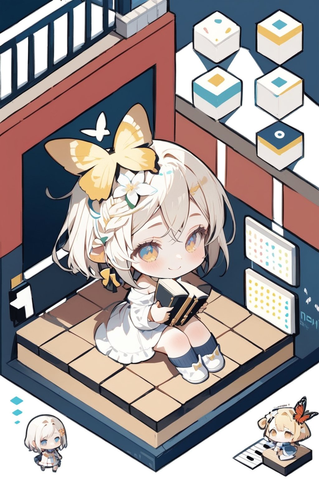 Masterpiece,Score 9,Score 8 Up,Score 7 Up,Score 6 Up,\\,((Isometric Design: 1.7))),\\,((Deformed, Chibi, Two-Headed: 1.5)),\\,Smiling,Short Hair,Fringe,Blue Eyes,Clear Eyes,Multiple Multiple Girls,Blonde Hair,Hair Ornament,Knee Socks,Dress,Hugging,Two Girls,Sitting,Mouth Closed,Yellow Eyes,Flower,White Hair,Sleeves Off,Flower in Hair,Chibi,White Dress,Cat,White Footwear,Insect,Butterfly,Musical Instrument,Short Hair with Long Hair,Stairs,Deformed