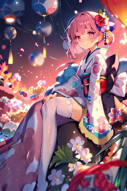 masterpiece,1girl, solo, looking at viewer, blush, short hair, bangs, hair ornament, thighhighs, long sleeves, sitting, pink hair, flower, japanese clothes, hair flower, pink eyes, kimono, star \(symbol\), obi, floral print, colorful