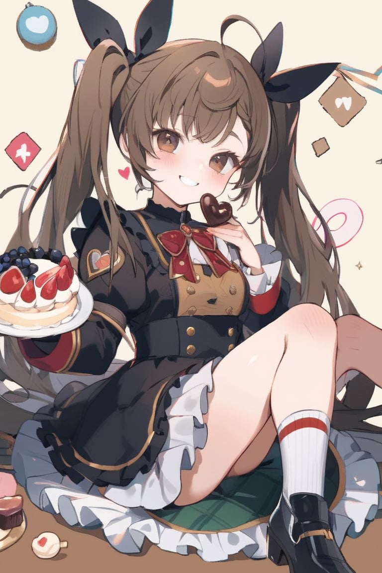 Masterpiece, beautiful details, perfect focus, uniform 8K wallpaper, high resolution, exquisite texture with fine details, one girl, solo, long hair, looking at viewer, blushing, smiling, bangs, simple background, brown hair, dress, frills, bow, holding, twin tails, brown eyes, sitting, heart, food, shoes, socks, striped, black footwear, fruit, brown background, candy, cake, chocolate