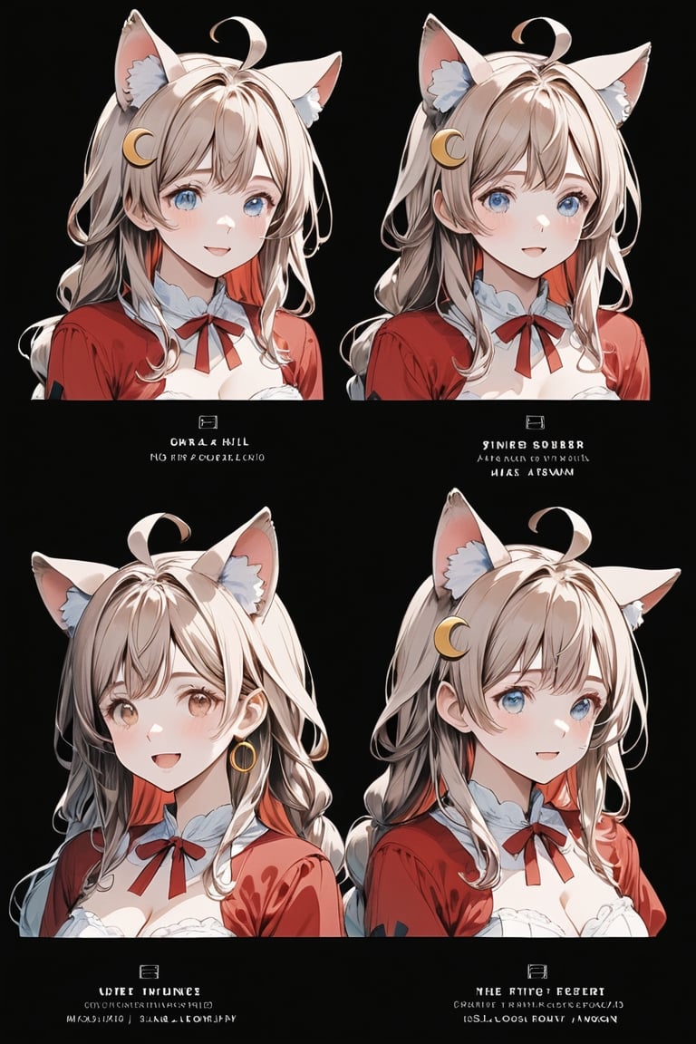Visual Illustration, Visual Animation, Reference Sheet, Multiple Views, ((Front View1.1)), ((Side View:1.1)), ((Isometric View:1.1)), Facial Expression, Portrait, ((Full Body:1.3)), Masterpiece, Top Quality, Aesthetic, Traditional Media, //, 1Girl, Solo / / , (brown cat ears, fluffy cat ears: 1.4), animal ear fluff, replacement ears, (((light brown hair: 1.4))), (((red inner fur: 1.5))), (( (Straight bangs): 1.4))), (((Single braided long hair: 1.5))), (Ahoge), (Blue eyes: 1.3 ), Clear eyes, smile, happiness, open mouth, cheeks , breasts, medium breasts, medium breasts, cleavage, shoulders, //, ((big red ribbon: 1.4)), ((moon-shaped hair ornament, crescent-shaped hair ornament: 1.4)), crystal earrings, jewelry,
Toblute style,anime design character,4 headshot