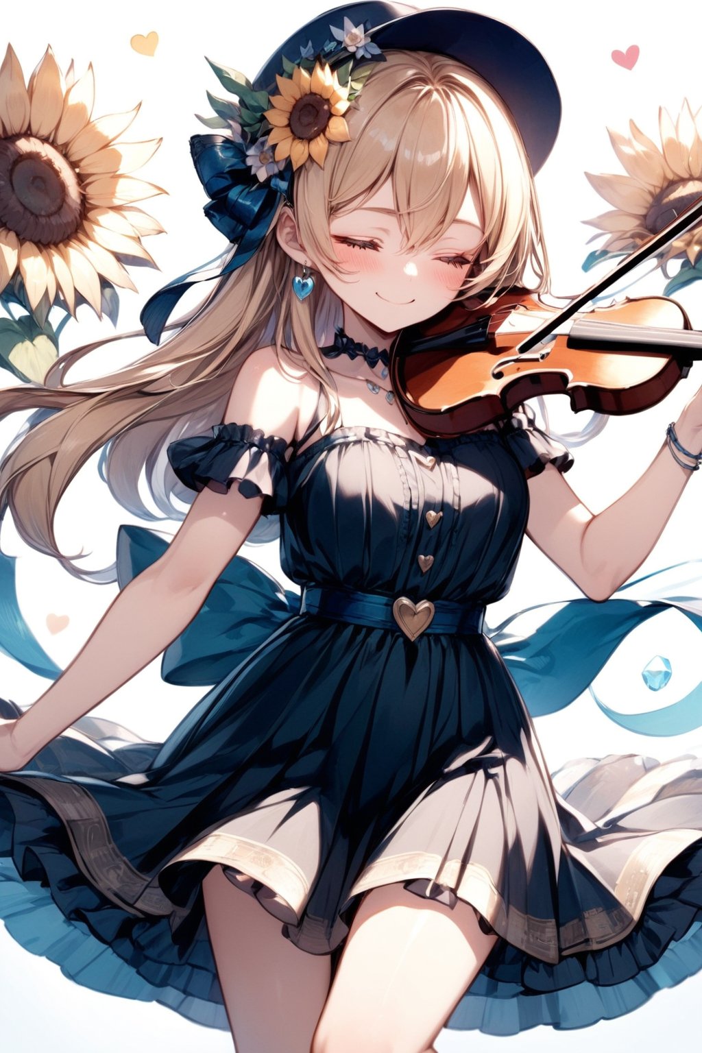 Masterpiece,\\,((Storybook Style:1.5)),\\,1 Female,Solo,Long Hair,Blushing,Smiling,Fringe,Blonde Hair,Headwear,Dress,Hug,Hair Between Eyes,Exposed Shoulders,Jewelry,Closed Mouth,Closed Eyes,Flowers,Heart,Earrings,Ruffles,Sleeveless,Flowers in Hair,Black Dress,Music Instrument,Yellow Flower,Music,Sunflower,Playing Instrument,Holding Instrument,Violin,Bow\(Music\)