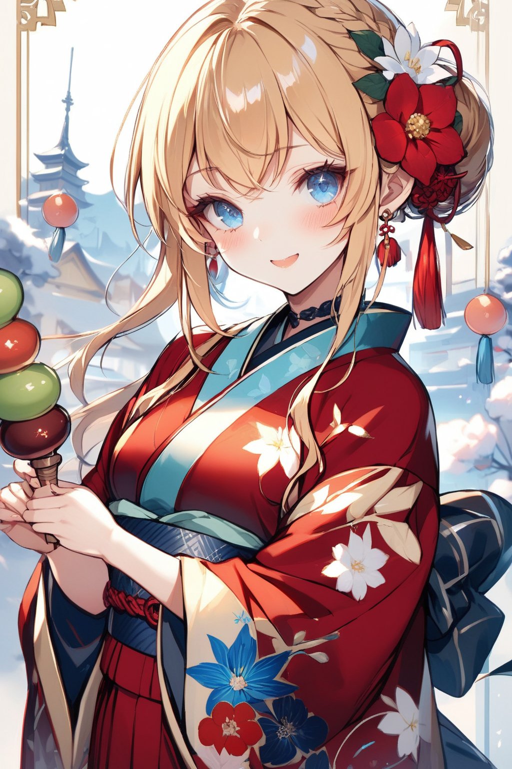 Masterpiece, beautiful details, perfect focus, uniform 8K wallpaper, high resolution, exquisite texture down to the smallest detail, simple background,
One woman, solo, looking at viewer, blush, bangs, blue eyes, blonde hair, hair accessory, long sleeves, holding in hand, jewelry, mouth closed, upper body, flowers, side locks, earrings, outdoors, kimono, daytime, hair flower, wide sleeves, blunt bangs, kimono, odango, from the side, looking to the side, floral pattern, single odango, hands together, red flower, tassel, score 9, score 8_up, score 7_up, score 6_up,Details