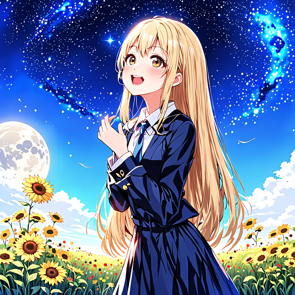 masterpiece, top quality, super detailed, perfect hands, perfect anatomy, high details, detailed background, full body, medium bust, very cute face, beautiful face, super detailed face, cute round face, (view from below), cute anime style girl standing in a flower field looking up (full moon), medium bust, celestial maiden outfit, shiny blonde hair, long hair, sapphire eyes, round eyes, from the side, smiling, happy, open mouth, looking up to the sky, (shooting star), (nebula), sunflower, (warm light source: ), intricate details, volumetric lighting, (atmospheric lighting), fantasy, score_9, score_8_up, score_7_up,