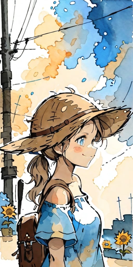 masterpiece, ((watercolor style: 1.7)), ((painted on Watson paper: 1.7)), 1 girl, solo, wavy hair, long hair, blushing, smiling, light brown hair, shirt, hat, blue eyes, mouth closed, white shirt, upper body, ponytail, flowers, short sleeves, outdoors, sky, daytime, ((off-the-shoulder shirt: 1.5)), clouds, bag, from the side, blue sky, plaid, profile, sunlight, backpack, blue shirt, plants, sunflowers, wing collar, sun hat, straw hat, flower on hat, shade, (((dappled sunlight: 1.7))), power lines, utility pole