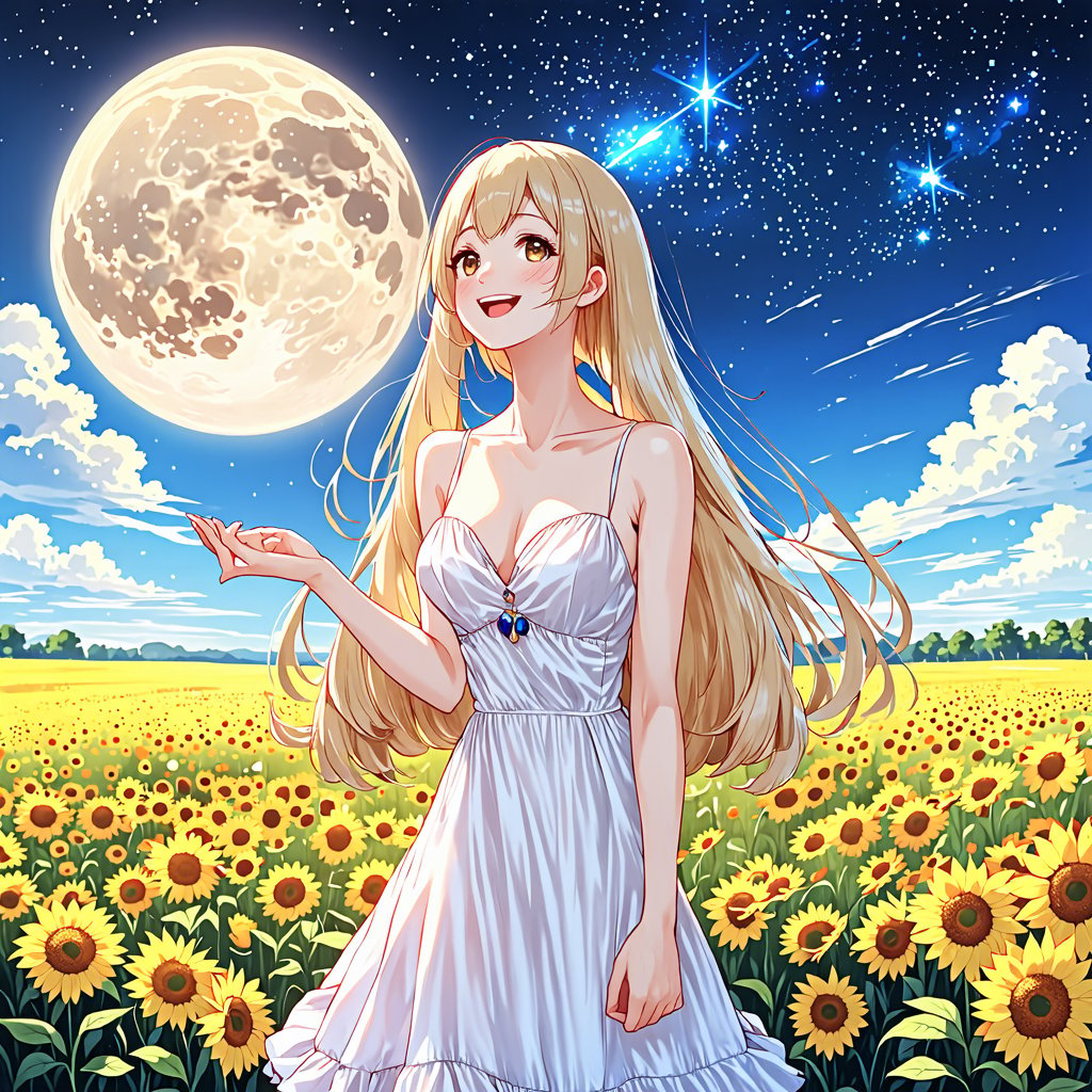masterpiece, best quality, super detailed, perfect hands, perfect anatomy, high details, detailed background, full body, medium bust, very cute face, beautiful face, super detailed face, cute round face, (view from below), cute anime style girl standing in a flower field looking up (full moon), medium bust, white sundress outfit, shiny blonde hair, long hair, sapphire eyes, round eyes, from the side, smiling, happy, open mouth, looking up to the sky, (shooting star), (nebula), sunflower, (warm light source: ), intricate details, volumetric lighting, (atmospheric lighting), fantasy, score_9, score_8_up, score_7_up, score_6_up,