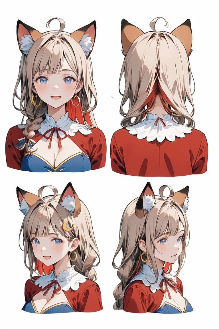 Visual Illustration, Visual Animation, Reference Sheet, Multiple Views, ((Front View1.1)), ((Side View:1.1)), ((Isometric View:1.1)), Facial Expression, Portrait, ((Full Body:1.3)), Masterpiece, Top Quality, Aesthetic, Traditional Media, //, 1Girl, Solo / / , (brown cat ears, fluffy cat ears: 1.4), animal ear fluff, replacement ears, (((light brown hair: 1.4))), (((red inner fur: 1.5))), (( (Straight bangs): 1.4))), (((Single braided long hair: 1.5))), (Ahoge), (Blue eyes: 1.3 ), Clear eyes, smile, happiness, open mouth, cheeks , breasts, medium breasts, medium breasts, cleavage, shoulders, //, (big red ribbon: 1.4), (moon-shaped hair ornament, crescent-shaped hair ornament: 1.4), crystal earrings, jewelry,
Toblute style,anime design character,4 headshot