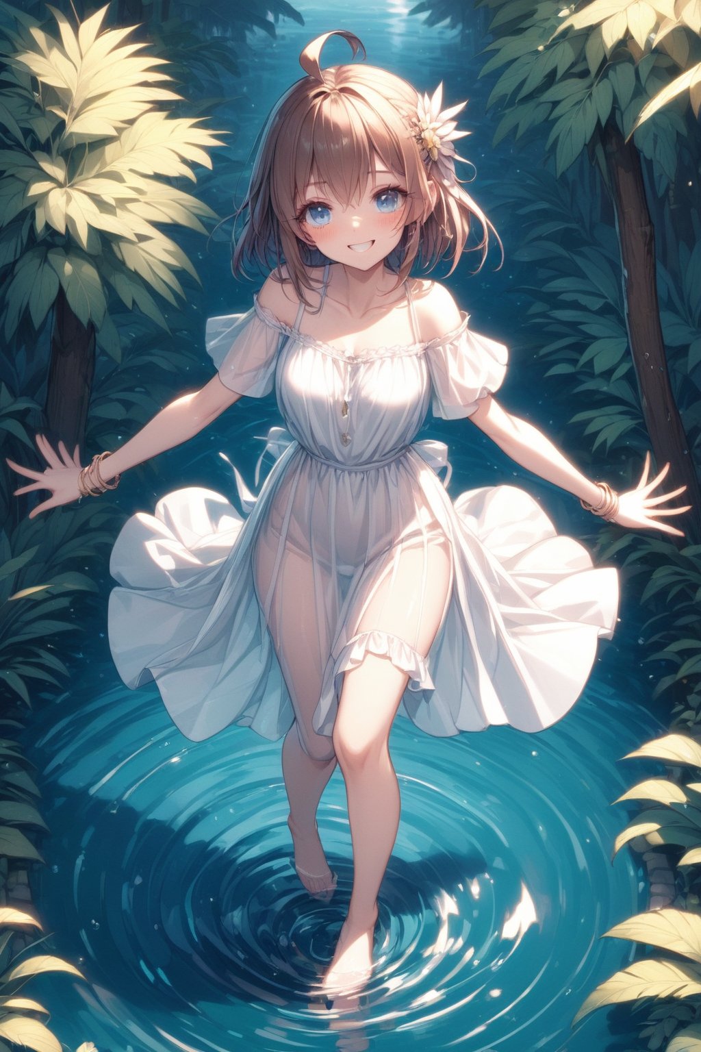 masterpiece,\\,(((Isometric design:1.8))),\\,Simple background,White background,\\,Single girl,Solo,Looking at viewer,Blushing,Smiling,Short hair,Fringe,Brown hair,Hair accessory,Ahoge,Dress,Jewelry,Blue eyes,Standing,Collarbone,Full body,Short sleeves,Outdoors,Barefoot,Daytime,Water,White dress,Bracelet,Tree,See-through,Barefoot,Outstretched arms,Nature,Playing in water,Forest,Outspread arms,See-through silhouette