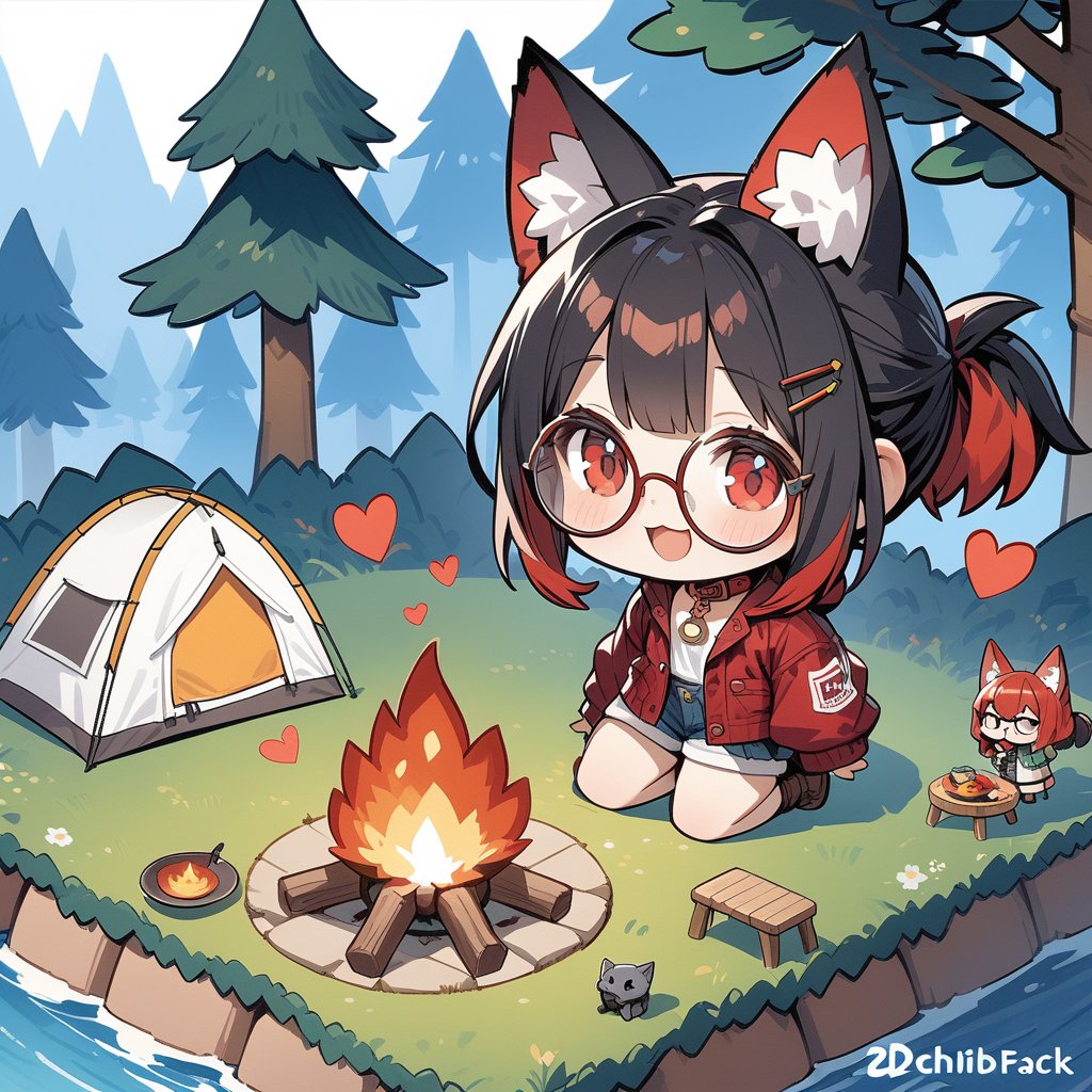 masterpiece, 4K, (isometric: 1.5), (miniature: 1.5), camping, tent, camping set, bonfire, forest, flowers, (deformed, chibi, 2D: 1.5), 1 girl, (solo: 1.5), cute girl with hairpin, loli, (black fox ears: 1.3), animal ear fluff, hairstyle, (black hair: 1.2), (red hair 1.2), (inner hair coloring: 1.3), (short ponytail: 1.2), side locks, (red eyes: 1.3), (round glasses: 1.3), (flat chest), fashion, hood, cat collar, smiling, happy, open mouth, smiling, clear eyes, wide open eyes, heart, break, camping outfit, boots, break, break, dynamic angle, fantasy world, (concept art: 1.2), deformed,SD3,Deformed