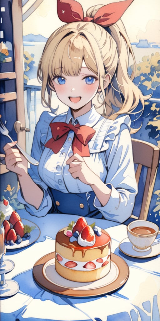 masterpiece, top quality, aesthetic, (watercolor style: 1.7), one woman, solo, long hair, looking at viewer, smiling, happy, open mouth, bangs, blue eyes, blonde hair, shirt, long sleeves, dress, ribbon, holding, sitting, hair ribbon, white shirt, ponytail, :d, heart, frill, food, cup, red ribbon, neck ribbon, fruit, chair, table, holding food, plate, teacup, cake, strawberry, fork, holding fork,watercolor \(medium\)
