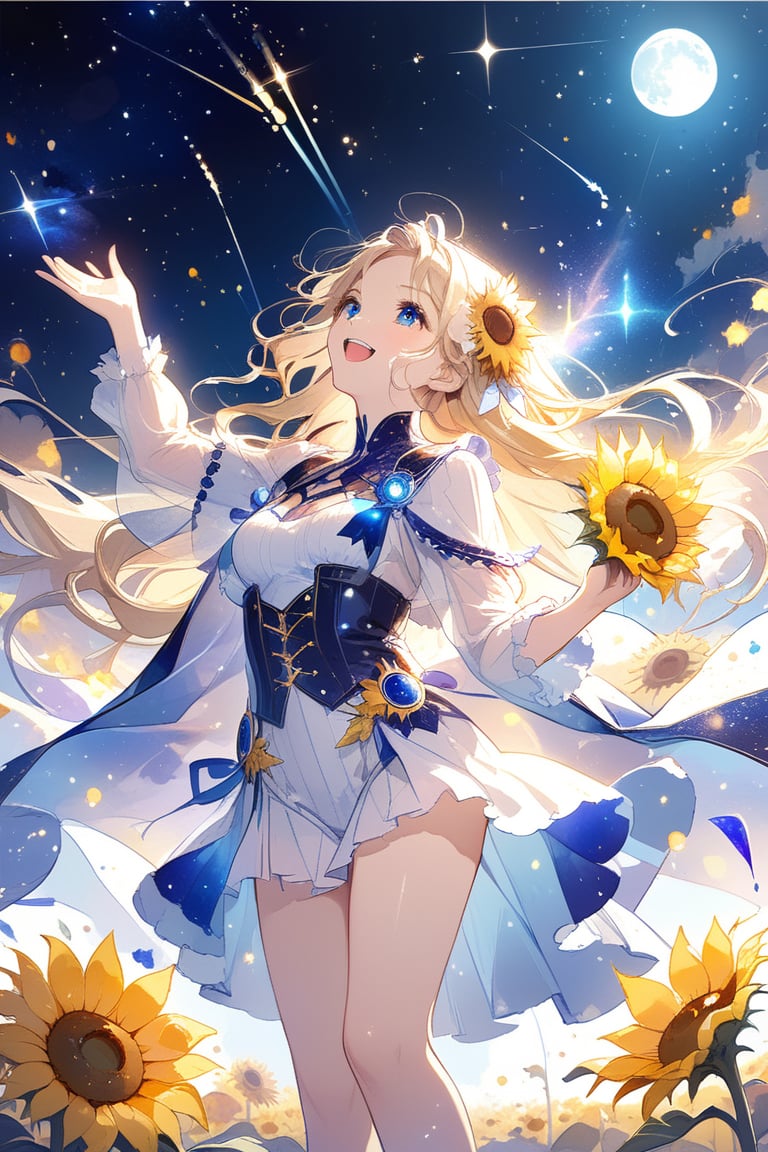 masterpiece, top quality, super detailed, perfect hands, perfect anatomy, high details, detailed background, full body, medium bust, very cute face, beautiful face, super detailed face, cute round face, (view from below), girl standing in a flower field looking up (full moon), medium bust, celestial maiden outfit, shiny blonde hair, long hair, sapphire eyes, round eyes, raising hands to the sky, from the side, smiling, happy, mouth open, looking up to the sky, (shooting star), (nebula), sunflower, (warm light source: ), intricate details, volumetric lighting, (atmospheric lighting), fantasy, score_9, score_8_up, score_7_up,noc-mgptcls