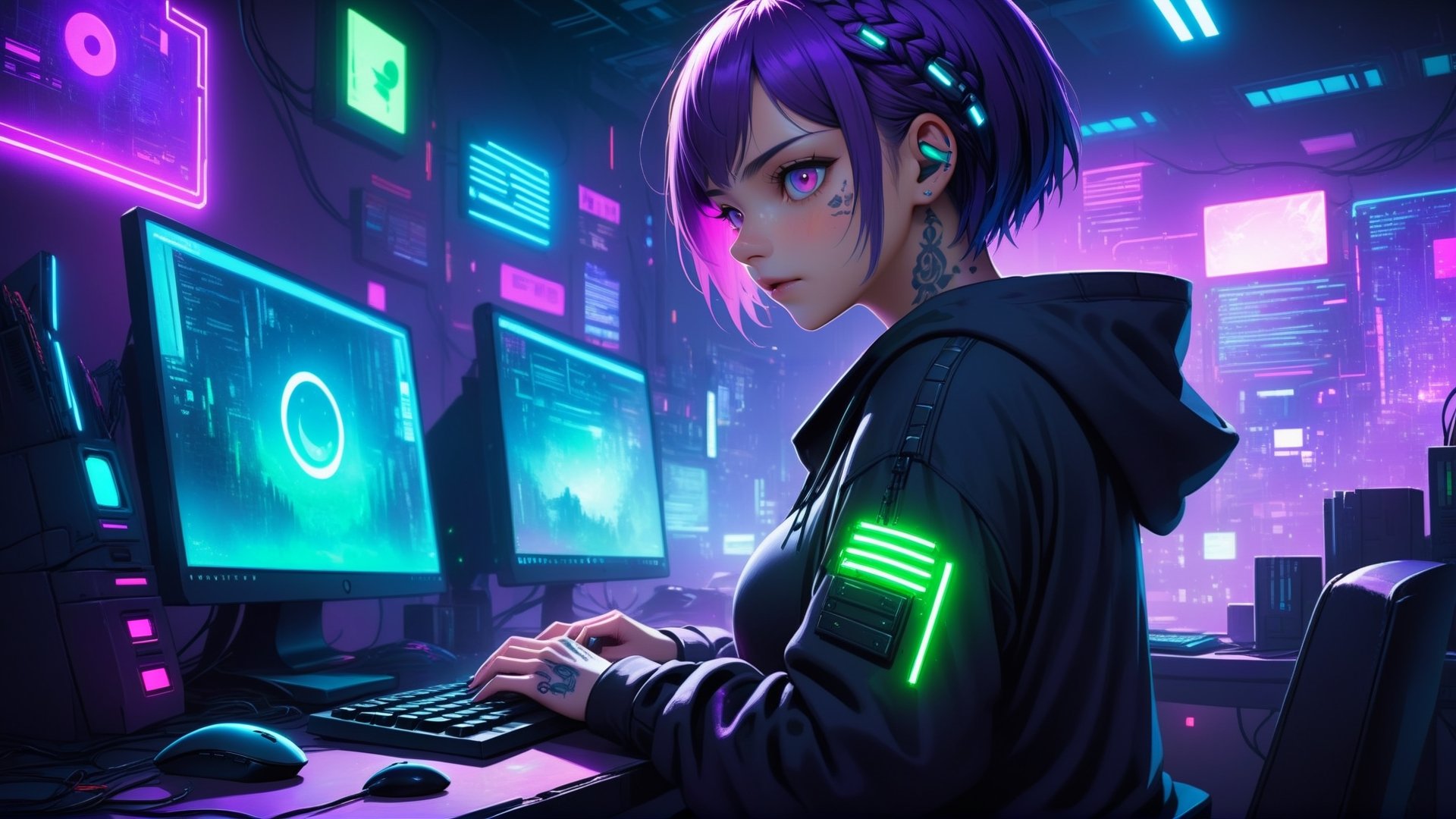 1female,2 hands, sexy eyes, short hair,purple hair with white tufts, short braids, cap, large breasts:1.4, gorgeous breasts, tattoo on neck,electric pink eyes,High detailed ,game room concept,playing at computer,hacking, purple lights, light green lights, profile view,black hoodie,hood raised with hair visible,soft lights, window city lights background, night_time outside,night_sky, planets,stars, dark atmosphere, cyberpunk room, cyberpunk lights,neck tattoo,
,Futuristic room, left hand on keyboard, right hand on mouse,anime