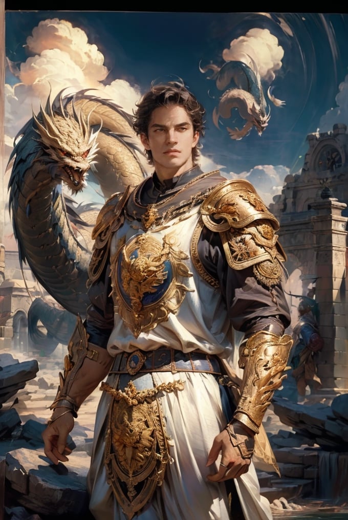 Golden knigh with a big pet dragon: a handsome man in a High Gothic gold metal plate armor in a beautiful ornemental, ethereal, holy, shiny, youthful, pale skin, short black hair, thick eyebrows, soft, with a large scary dragon behind, mythology, medieval, fantasy, young, alpha male, hot, masculine, manly, dark fantasy, 80s fantasy, high fantasy, gold armor, defined jawline, crooked nose, hot, outdoors (in a stone mountain with a dark depressed sky), medieval armor, art by wlop, handsome male, facing in front (portrait close-up), renaissance painting, realistic, photorealistic, 8k, cinematic lighting, hades armor, very dramatic, European man, soft aesthetic, innocent, dragon-themed