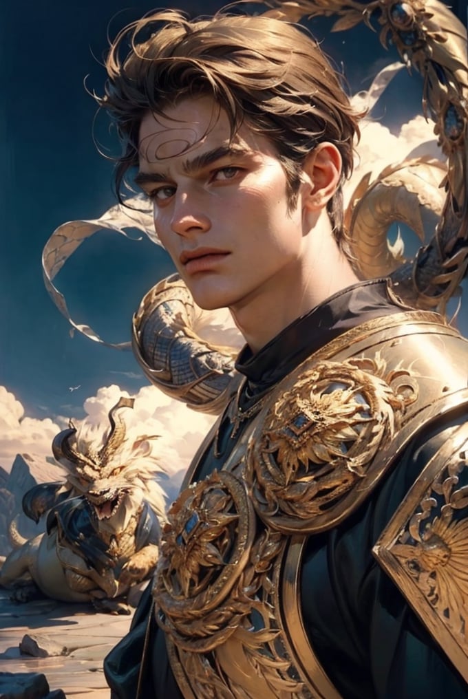 Golden knight: a handsome man in a High Gothic gold metal plate armor in a beautiful ornemental, ethereal, holy, shiny, youthful, pale skin, short black hair, thick eyebrows, soft, with a scary dragon behind, mythology, medieval, fantasy, young, alpha male, hot, masculine, manly, dark fantasy, 80s fantasy, high fantasy, gold armor, defined jawline, crooked nose, hot, outdoors (in a stone mountain with a depressed sky), medieval armor, art by wlop, handsome male, facing in front (portrait close-up), renaissance painting, realistic, photorealistic, 8k, cinematic lighting, hades armor, very dramatic, European man, soft aesthetic, innocent, thedragon