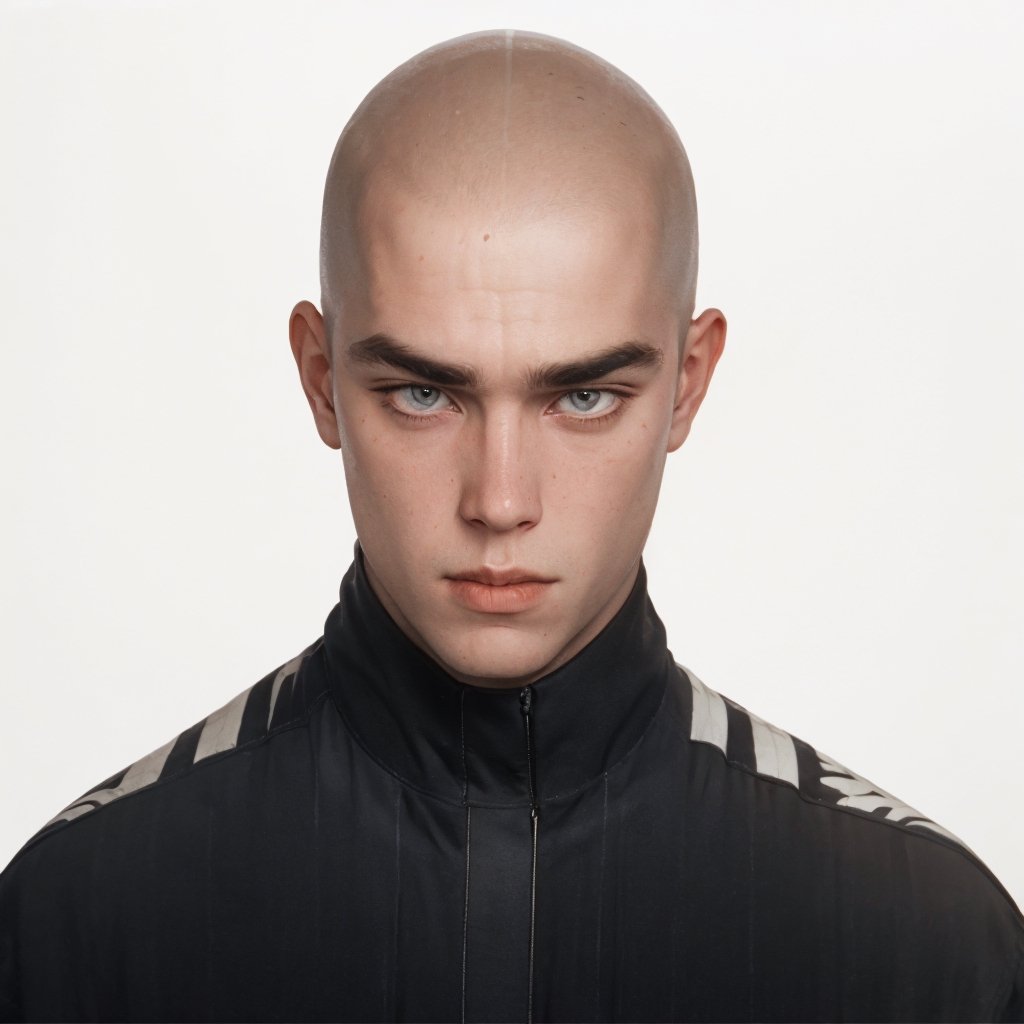 gabber, 1 handsome male, hot, skinhead, thick eyebrows, berlin, Rotterdam, jumpsuit, scrawny, piercing, Thunderdome, 1990s, 32K, HQ, realistic, photorealistic, cinematic lighting, portrait, white background, photography